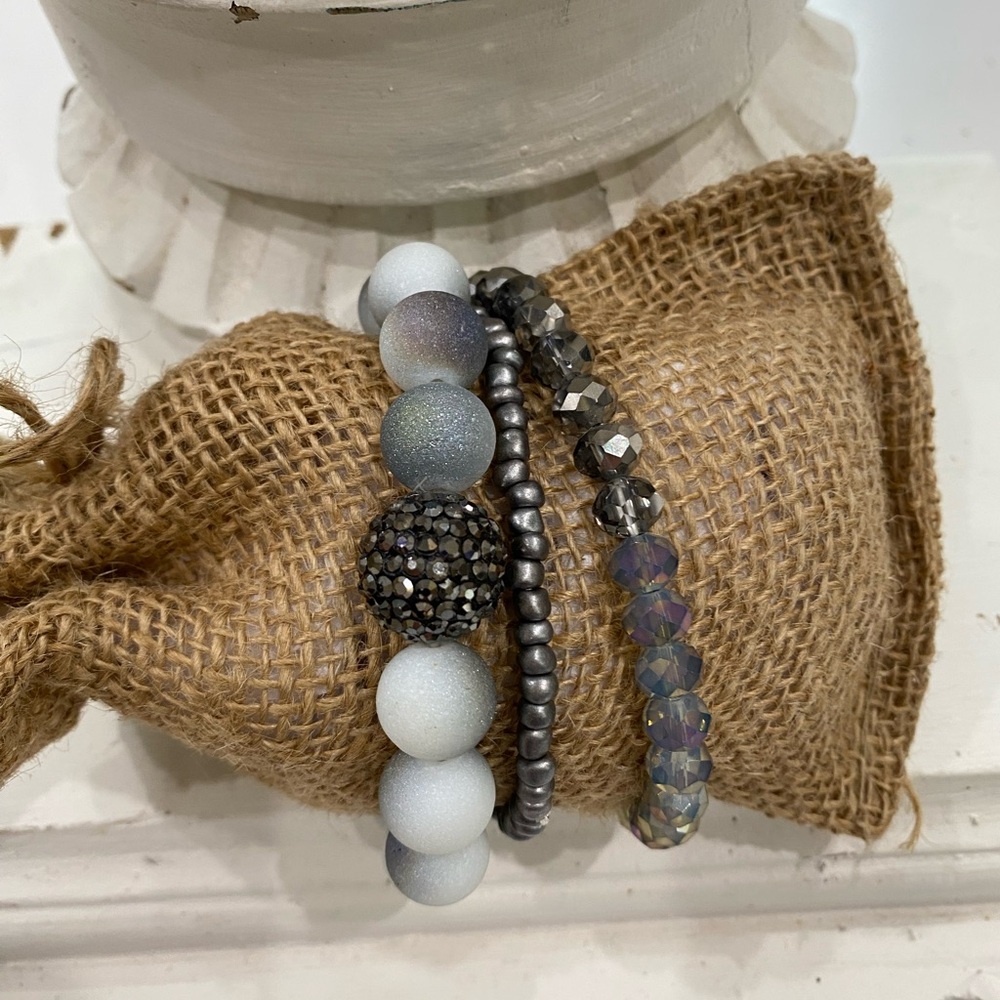 Chic Beaded Bracelet Trio - Greys, Black and Silver in gift box NWOT